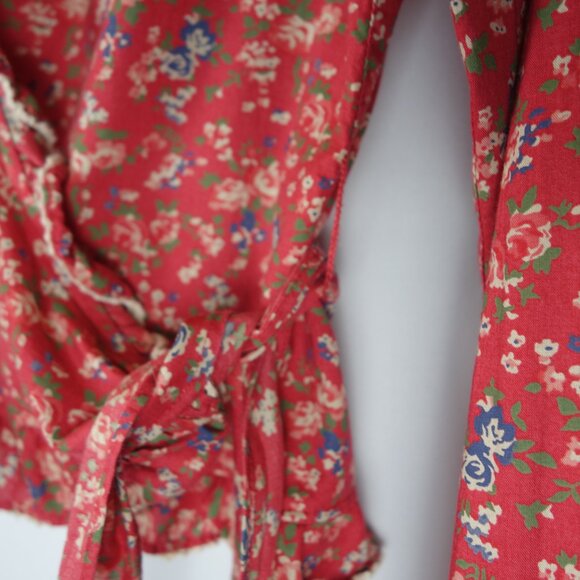 Vintage Lauren Ralph Lauren Red Prairie Floral Wrap Blouse Shirt, Size 12P - Picture 7 of 11